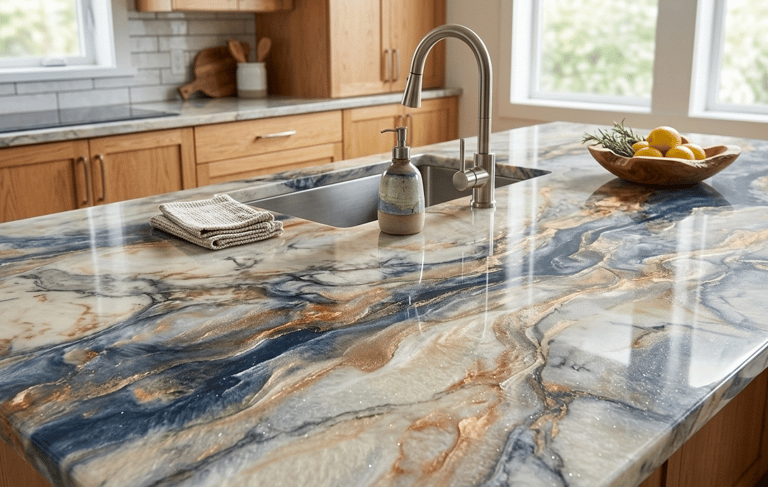 Custom blue and gold epoxy resin kitchen island countertop with a high-gloss marble effect.