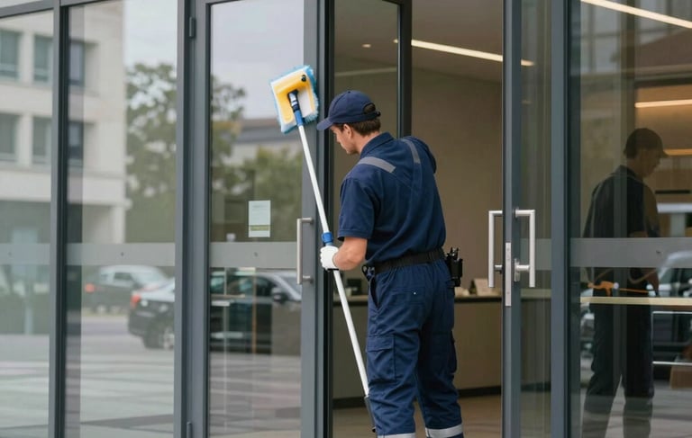 Photography of a professional cleaner in a navy blue uniform polishing the glass entrance of a modern corporate building in Rouen, France. Soft daylight, clean and minimalist aesthetic, reflecting expertise and efficiency.