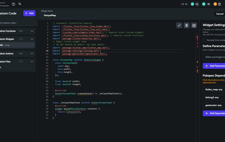 Screenshot of mobile app developer coding using Flutter Flow