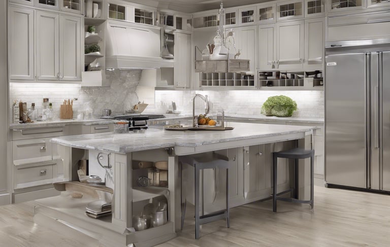 a kitchen counter with utensils and a tea pot