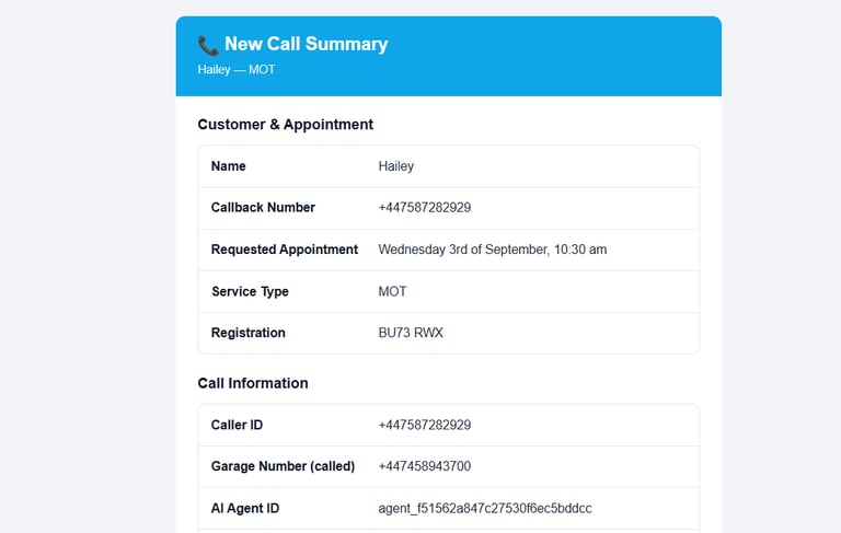 call summary - garage software