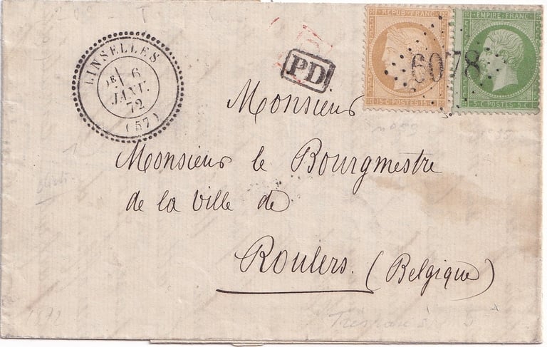 Letter weighing less than 10 g from LINSELLES to ROULERS franked at 20 c.