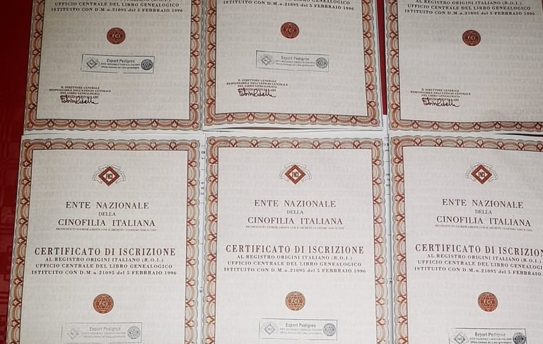 Foto dei pedigree ENCI di una cucciolata dell'allevamento di Staffy Grecalestaffs