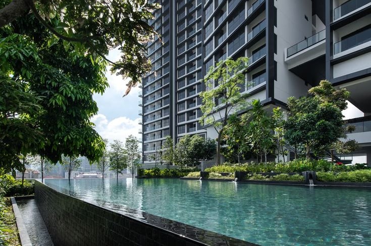 a render of a pool in a residential wellness real estate building