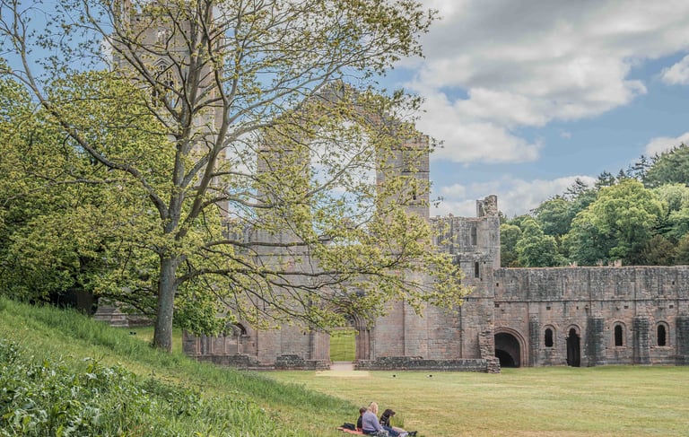 `fountain abbey spring couple with dog on the grass enjoying the atmosphere
