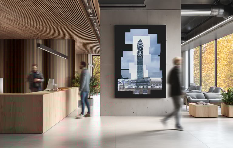 A joiner of the Post Office Tower hanging in a corporate lobby