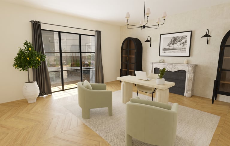 a living room with a fireplace and a fireplace