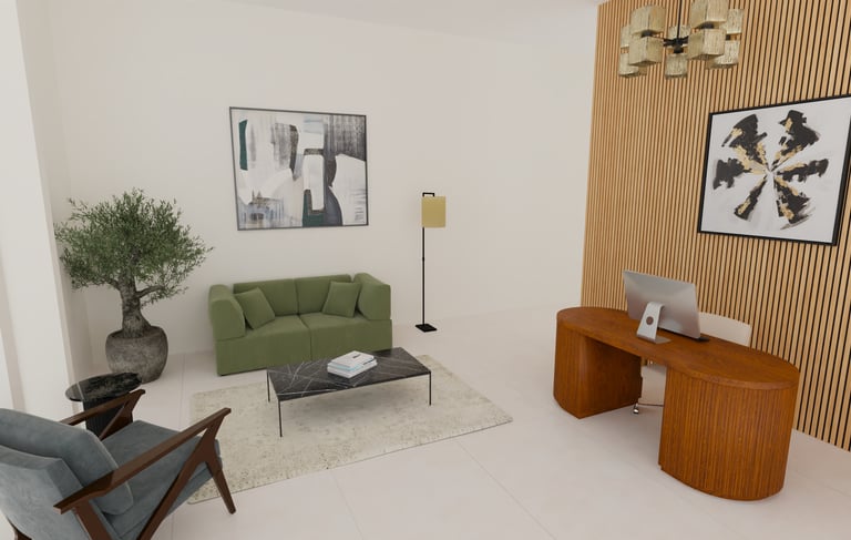 a living room with a green couch and a laptop