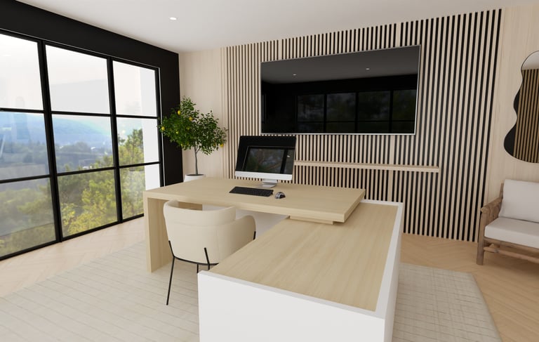 a computer desk with a computer monitor and a monitor