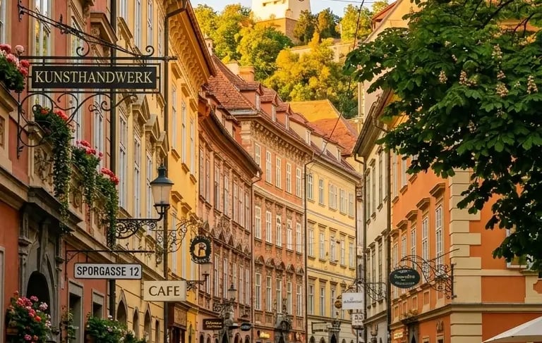 Couple walking on cobblestone street in Graz old town with clock tower in background