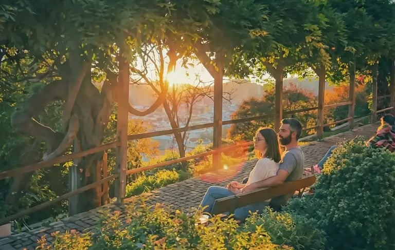 Beautiful sunbeams shining through trees in a lush park on Schlossberg hill in Graz.