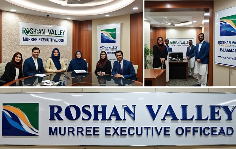 a group of people sitting around a table with a sign that says roshan valley