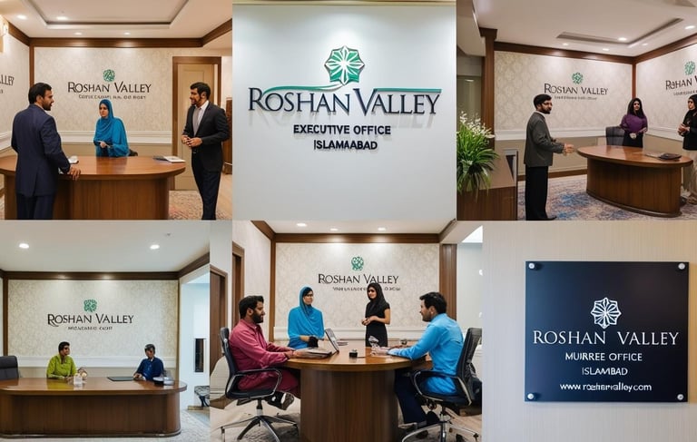 a group of people standing around a table with a sign that says roshan valley