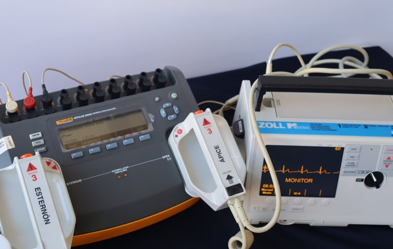 Desfibrilador conectado a un simulador-analizador de energia