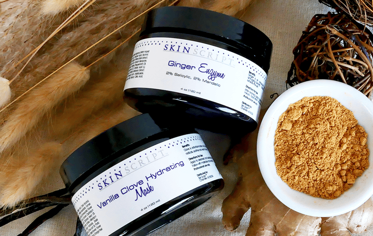 skinscript facial products, ginger enzyme mask, vanilla clove hydrating mask