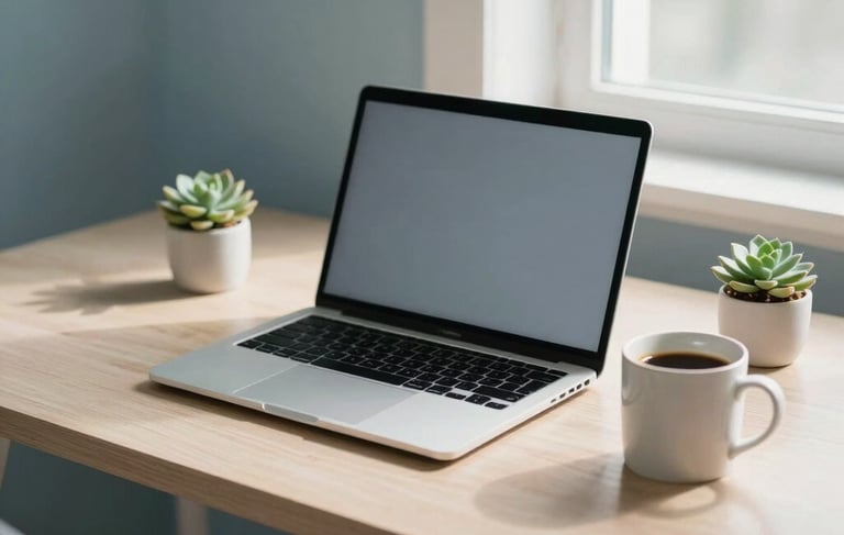 A bright, minimalist North American home office desk featuring a modern laptop, a ceramic mug of coffee, and a small succulent. Soft morning light filters through a window. The color palette includes muted blues, beige, and soft greys, conveying a professional yet calming virtual assistant workspace.