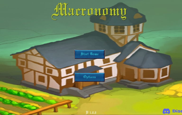 Macronomy game main menu showing a medieval farm house and field with start game and options buttons.