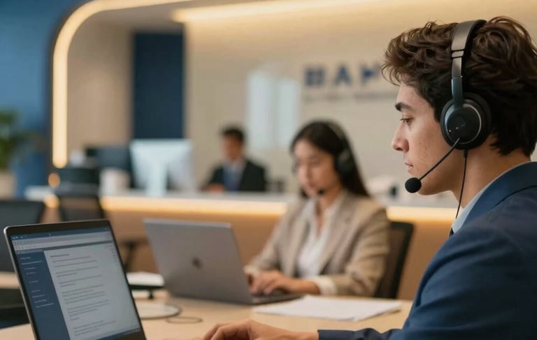 Professional photography of a sophisticated South American corporate office interior, featuring a blurred customer support area with modern equipment. The lighting is warm and elegant, with deep blue and gold accents reflecting a premium service environment. High-end atmosphere without showing clear faces.