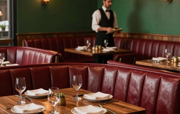 Sophisticated South American / Brazilian steakhouse interior photography. Warm low lighting illuminating deep carmine red leather booths and dark wooden tables. A professional waiter in the distance. The atmosphere is cozy and high-end, featuring matte forest green wall accents.