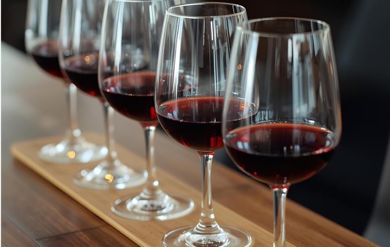 A flight of red wine in stemmed glasses