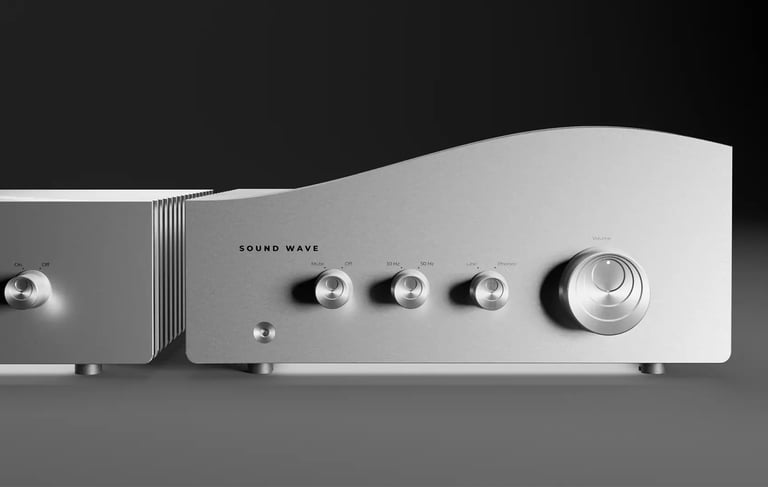 Sound Wave audio system: High-end amplifier and phono cartridge with radial soundwave vents.
