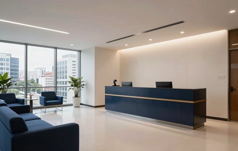 A wide-angle, professional photography shot of a high-end corporate office interior in Bangalore, South Asian / Indian setting. The scene showcases a modern reception area with sleek furniture in dark blue and polished off-white walls. Soft architectural lighting creates a trustworthy and efficient atmosphere. Large windows reveal a glimpse of a clean, urban professional district.