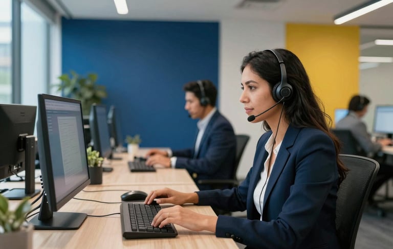 A clean, modern South American corporate office interior with soft natural light. In the background, professional staff are working at workstations with advanced technology headsets. The scene features deep blue and yellow brand colors in the decor, reflecting efficiency and professionalism.