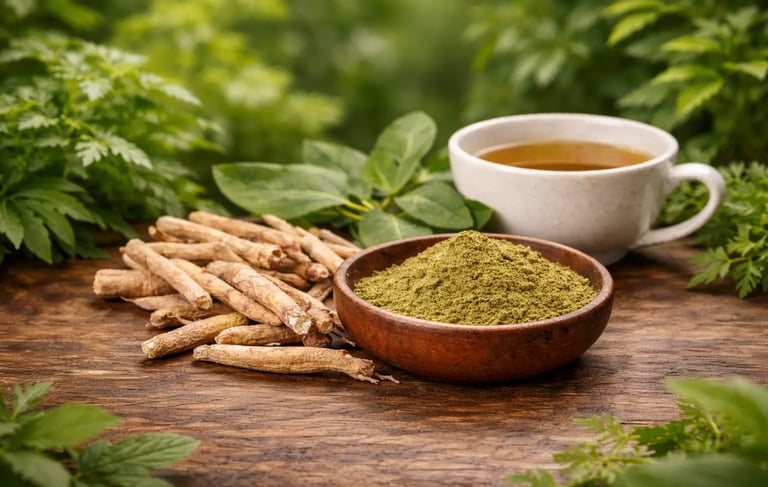 Pó natural de raiz de ashwagandha em uma tigela de madeira ao lado de raízes secas e chá de ervas.