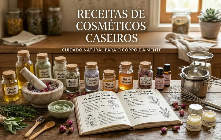 Livro de receitas de cuidados naturais com a pele, cercado por potes de vidro com ingredientes 