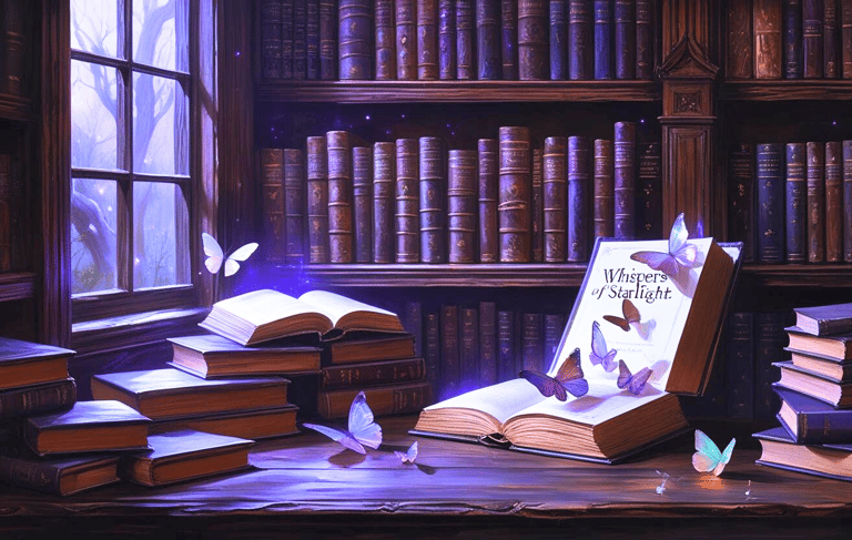 Books, art supplies, butterflies - peaceful creative studio.