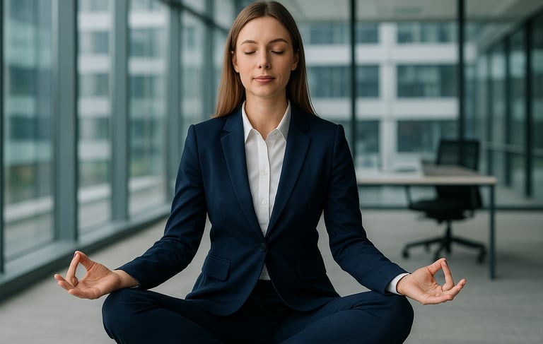 Pracownica korporacji, medytuje w biurze.