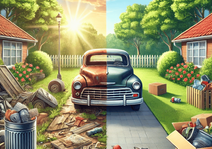 An old junk car parked in front of a house with a trash can.