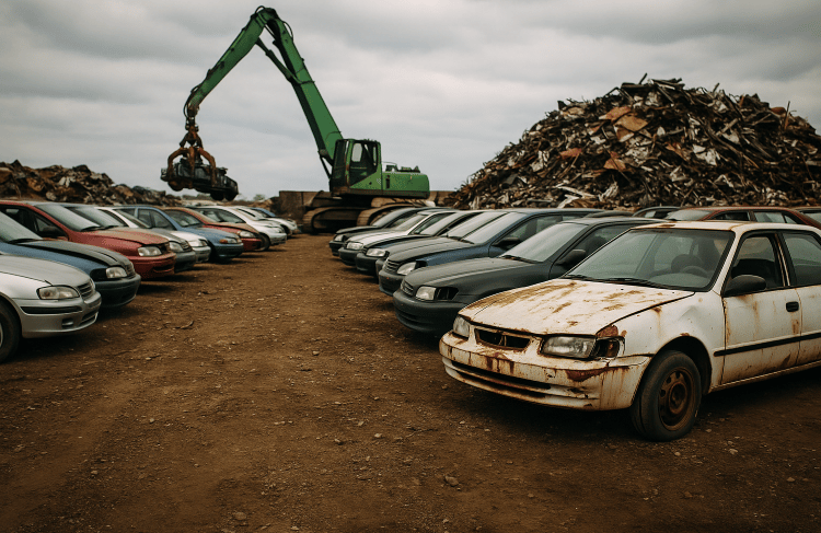A large scrap car recycling yard filled with rows of old, rusted vehicles and a pile of metal.
