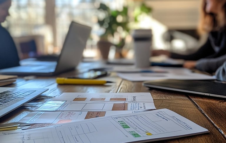 Colleagues working with project plans and laptops on a rustic wooden table in a bright home office.