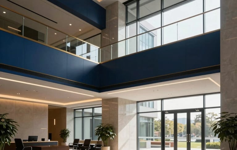Professional photography of a contemporary office lobby in a North American / US business park. The interior features high ceilings, navy blue architectural lines, and subtle gold accents. The atmosphere is quiet, authoritative, and sophisticated, illuminated by soft, natural daylight from glass walls.