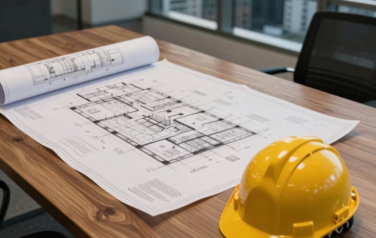 Professional high-angle photography of a modern Latin American architectural planning office. On a large oak table, complex blueprints and a protective yellow hard hat are visible. In the background, floor-to-ceiling windows reveal a blurred urban skyline at dusk. The lighting is warm and cinematic, emphasizing textures of paper and wood with a color palette of mustard yellow and dark slate.