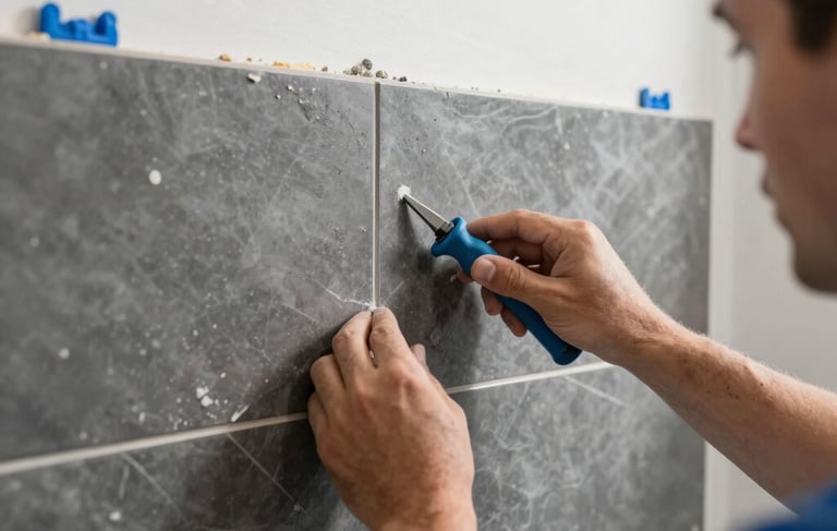A dynamic, professional shot of a modern bathroom renovation in progress in North American / US - Los Angeles, California. A contractor's hand is expertly placing a dark gray tile against a clean white wall. Tools and construction blue accents are visible. High-contrast, sharp lighting, emphasizing high-quality craftsmanship and powerful upgrade.