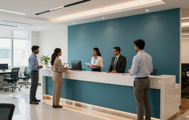 A high-quality professional photograph of a modern office reception in Raipur, Chhattisgarh. The space is bright and airy with South Asian / Indian staff members engaging politely with clients. The interior design features polished floors and wall accents in dark teal and light blue, creating a trustworthy and reliable corporate atmosphere.