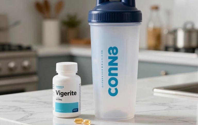 A professional and clean lifestyle photograph of a high-quality protein shaker and a bottle of vitamins on a white marble countertop in a bright North American kitchen. The lighting is soft and natural, emphasizing a sense of well-being and health. Colors include white, light blue, and subtle dark navy accents.