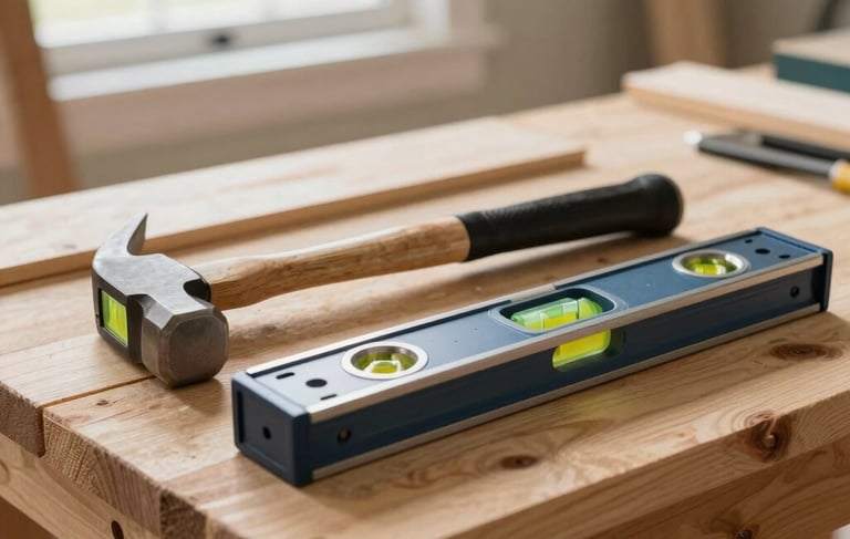 A close-up photograph of high-quality carpentry tools, including a level and a hammer, resting on a sturdy wooden workbench inside a North American / US home undergoing a remodel. In the background, soft morning light filters through a newly installed window, highlighting the clean and professional job site. The color palette includes warm cream, taupe, and slate blue tones.