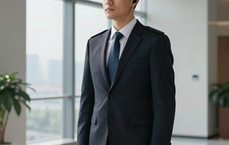 A sharp, professional security operative in a dark slate suit and earpiece standing alert in a clean, modern North American high-rise lobby. The composition features deep shadows and highlights of navy blue and charcoal gray. Minimalist aesthetic, high-quality corporate photography, natural window lighting.
