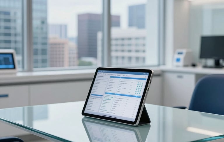 A high-tech North American medical consultation room. A sleek glass table holds a slim silver tablet displaying clinical data. In the background, large windows overlook a modern US cityscape. The aesthetic is clean and professional, featuring a palette of white, deep blue, and light blue. Soft, diffused professional lighting.