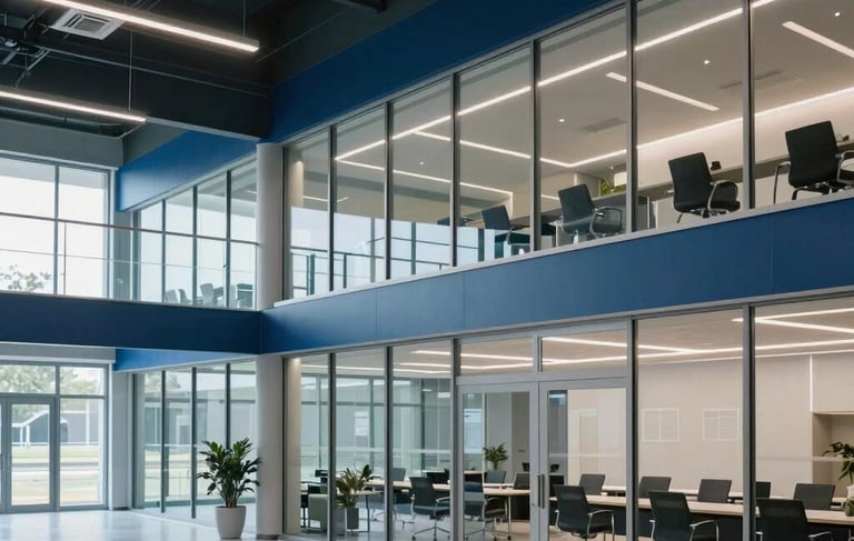 Modern architectural interior of a high-tech sports management hub, featuring clean glass surfaces and steel blue accents, professional atmosphere, Hispanoamericano / Global context, soft cinematic lighting, palette includes navy and pale blue.
