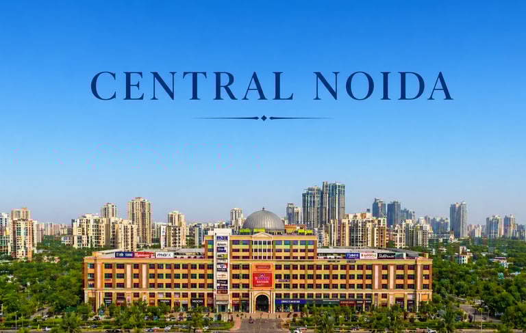Aerial view of Central Noida cityscape featuring a large shopping mall and residential high-rise buildings.