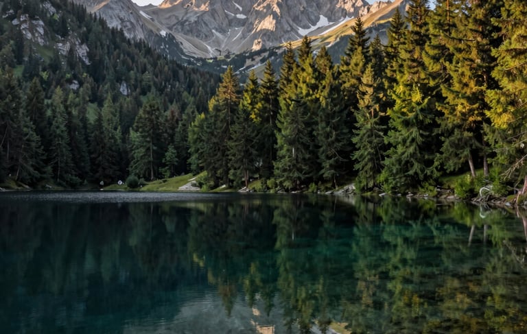 A professional wide-angle photograph of a pristine mountain lake in the French Alps reflecting deep green pine forests and jagged peaks under a soft morning light. The water is clear and calm, suggesting purity and hidden depths.
