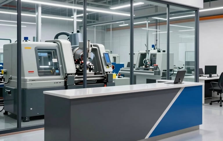 A crisp, professional photograph of a modern industrial reception area in a South American / Brazilian factory. The space features clean lines, steel blue and charcoal grey furniture, with a view through a glass wall into a brightly lit, high-tech machining workshop with precision lathes. Soft natural lighting, corporate and reliable atmosphere.
