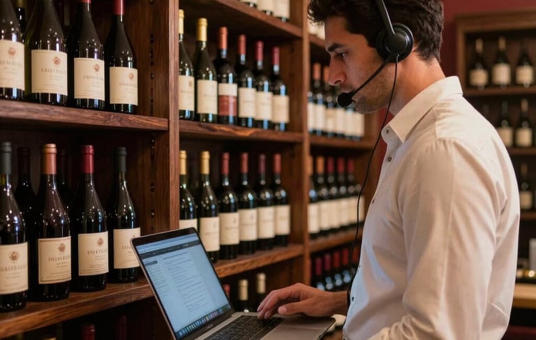 A professional and warm South American hospitality scene showing a premium wine cellar with dark brown wood shelves. An attendant is providing tele-attendance service with a laptop and headset, conveying efficiency and expertise. Soft warm lighting highlights deep red and beige tones in the room.