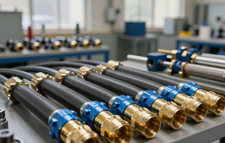 A high-end industrial workshop in Jerusalem, featuring a clean display of heavy-duty hydraulic hoses with polished gold and steel blue metal connectors. The setting is professional with soft, natural lighting filtering through large windows. Precise engineering tools are visible in the background, conveying a sense of reliability and technical expertise.