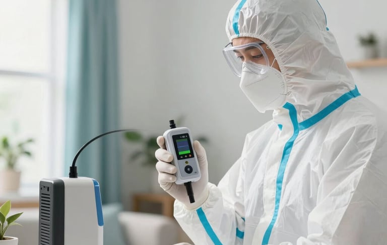 Professional photography in Orlando, Florida. A certified environmental technician in a white protective suit uses a high-tech air quality sensor inside a clean, modern home. The lighting is bright and airy, emphasizing purity and safety. Color accents of soft blue and light green are visible in the background decor.