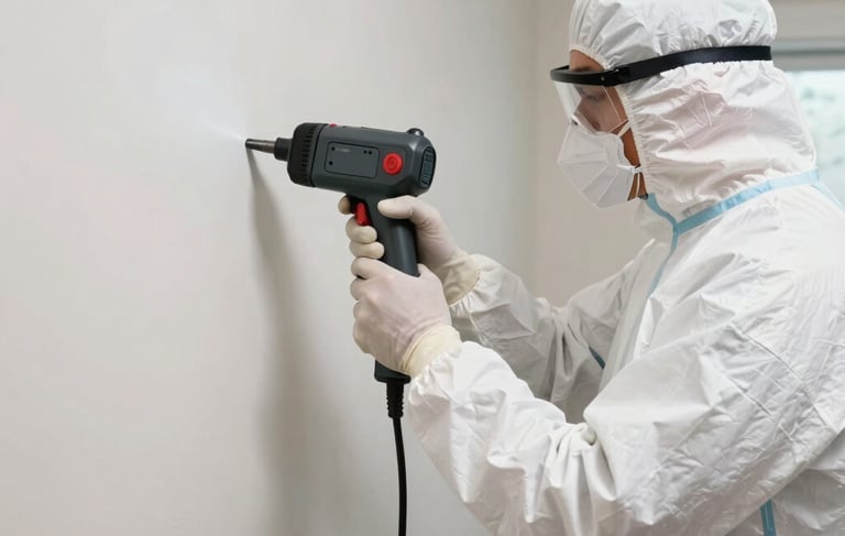 A focused wide shot of a professional mold remediation technician in a North American / US / Florida home, wearing a protective white suit and safety gear, efficiently using a specialized moisture detection scanner on a drywalled corner. The lighting is bright and industrial, emphasizing clarity and precision, with subtle dark gray and red equipment accents to convey urgency and high-tech expertise.